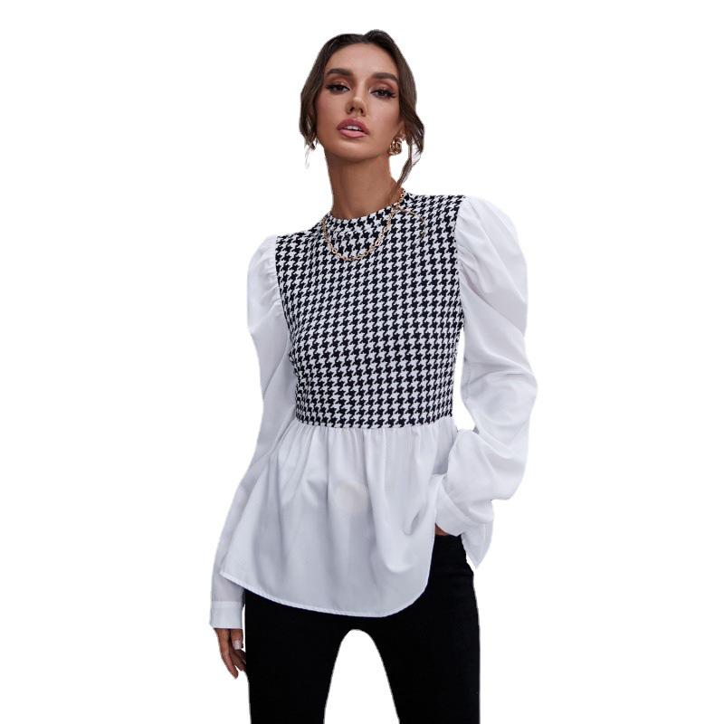 2023 Autumn Women's Plaid Patchwork Long-Sleeve Shirt Top - Versatile and Stylish