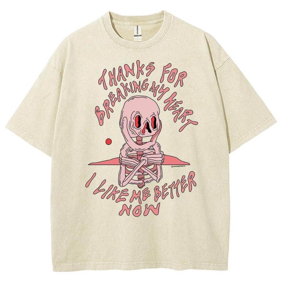 Pink Skull Print Women's Washed Denim T-Shirt Oversized Unisex Half Sleeve Spoof High Street Harajuku Style Summer