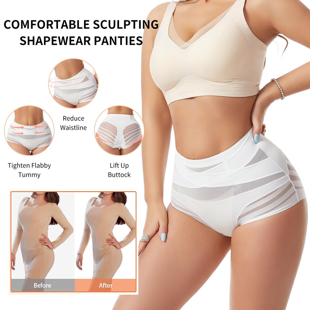 High Waisted Invisible Tummy Control Shapewear Panties for Women Stripe Lace Panty Ladies Underwear Shaping Briefs Slimming Underwear
