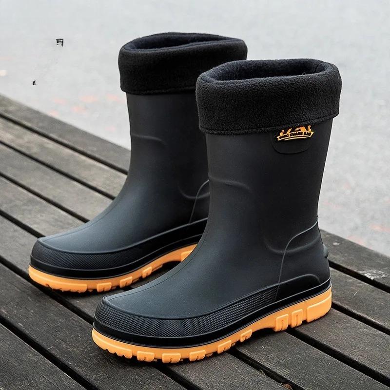 Men's Rain Shoes Fashion Mid-calf Rubber Boots Outdoor Fishing Rubber Galoshes Plush Warm Cotton Rain Boots for Men Botas Lluvia