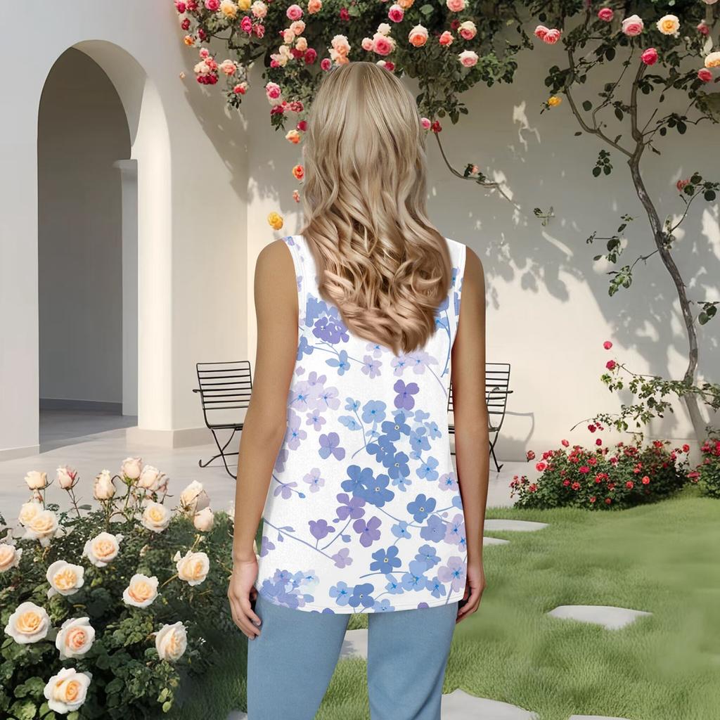Women's Fashion Casual Pleated Square Collar Sleeveless Vest Print Summer T-shirt