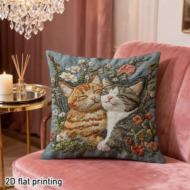 Cute Two Cats Pillow Cover Faux Embroidery Print Cushion Case Boho Floral Cat Lover Gift Home Decor