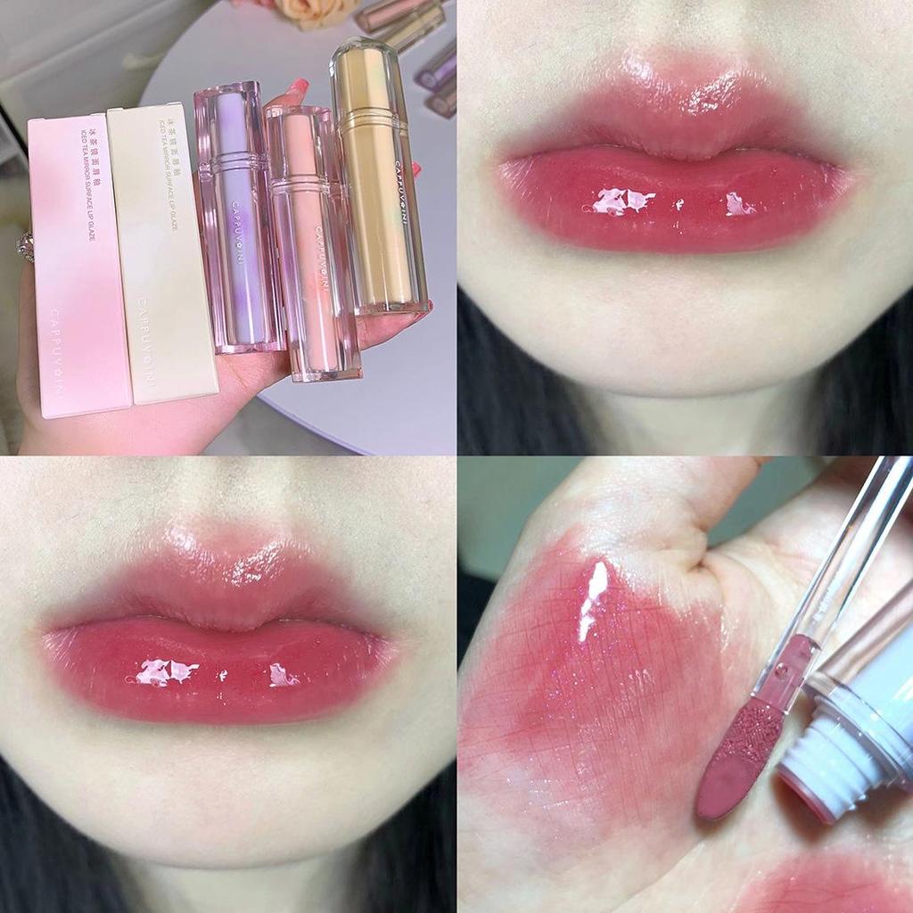 Cappuvini Iced Tea Lip Glaze: Transparent Triangle Tube Gloss for Glassy Jelly Lips