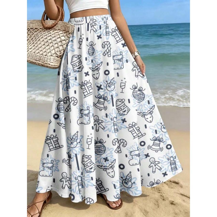 Plus Size Women'S Elegant Fashion Skirt, Casual Printed Midi Dress, Christmas Theme Easy Line Pattern