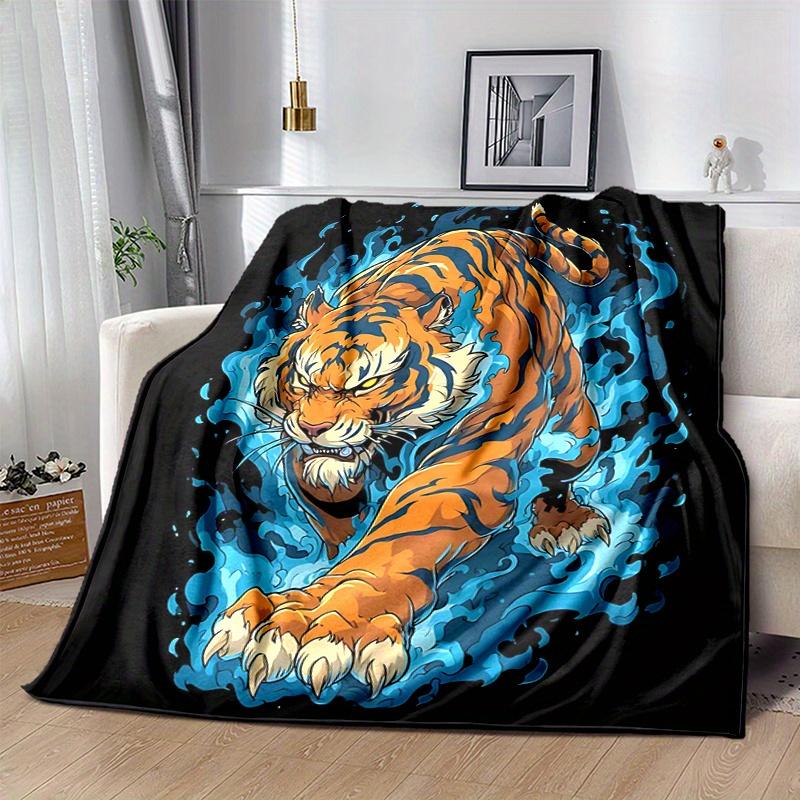 1pc Blue Flame Tiger Blanket Soft and Warm Home Decor Gift for All Seasons Perfect for Couch, Living Room, Travel, Camping, Car Blankets