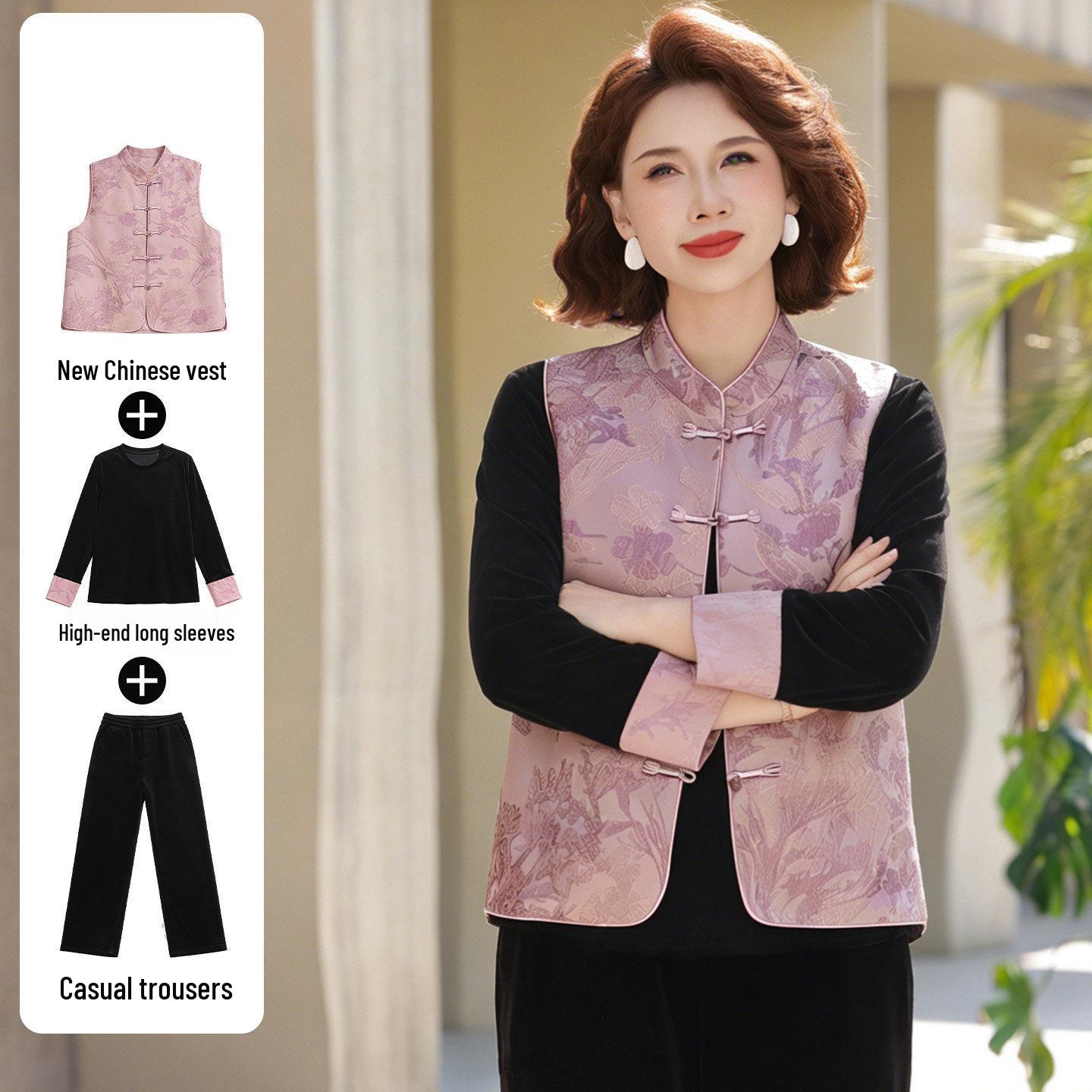 

Mom’s Stylish Gold Velvet Jacket & Suit - Three-Piece Chinese Style Set for Spring and Autumn XL (Below 105 lbs)