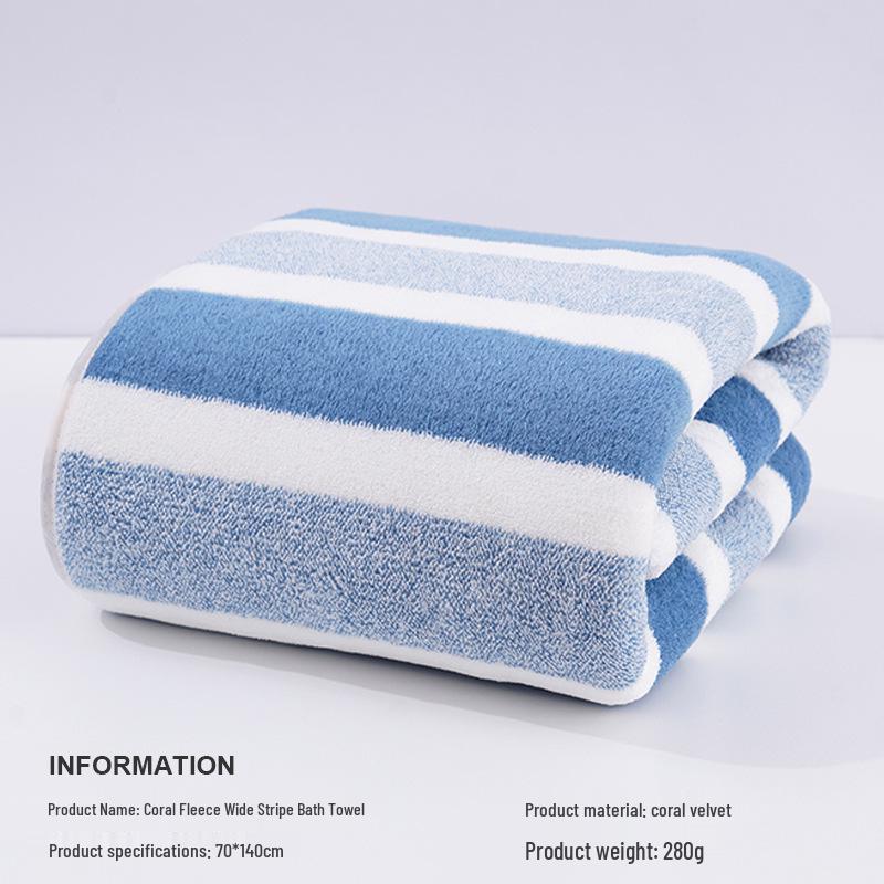 Temu Coral Fleece Quick-Drying Absorbent Bath Towel - Thick, Soft & Comfortable Striped Towel for Men & Women