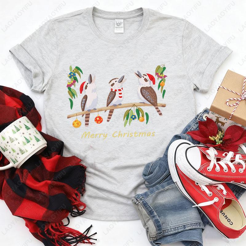 Womens Australian Kookaburra Bird Print TShirt Merry Christmas Australian Theme Tops Casual Blouse for Christmas Party Outfits