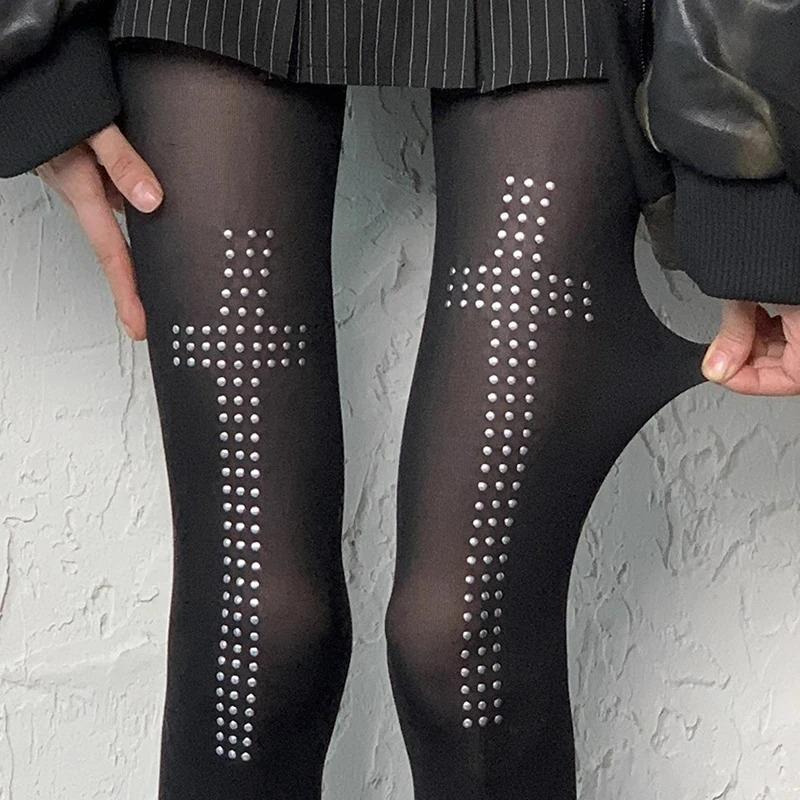 Retro Rhinestone Cross Hot Brick Stockings Women's 2000s Tight Pants Aesthetics Hip-hop Street Cosplay Emotional Y2K Socks