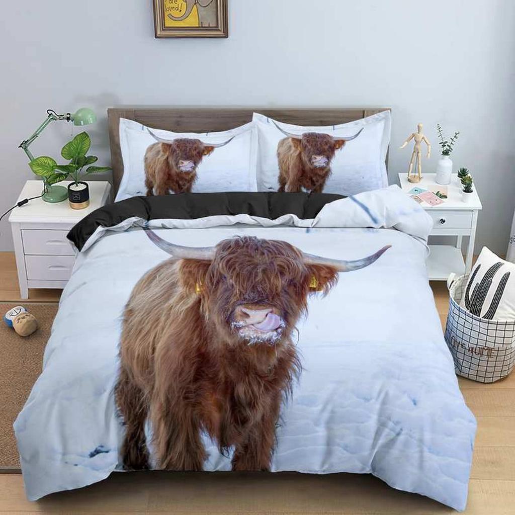 Highland Cow King Queen Duvet Cover Bull Bedding Set For Adults Cattle 2/3pcs Quilt Cover Farm Animal Polyester Comforter Cover