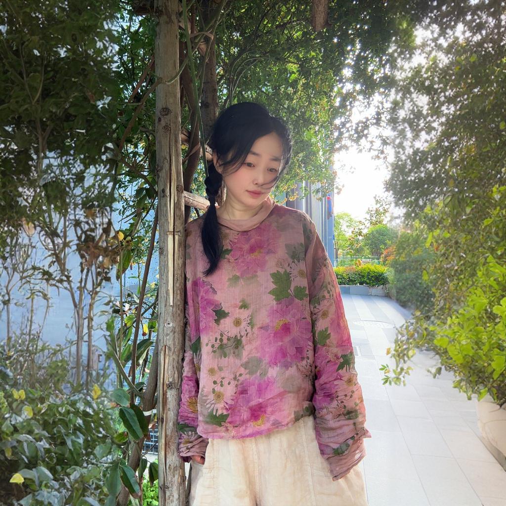 Johnature Women Vintage Print Floral T-Shirts O-Neck Long Sleeve Autumn High Quality Female Loose T-Shirts