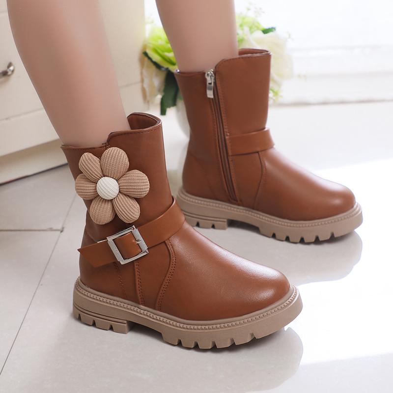 Sweet Princess Boots Flowers Cute Buckle Fashion Kids Shoes Side Zipper Children Casual Shoes PU 2024 New Brown Beige Elegant