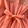 Summer Hollow Out Beaded Loose Chiffon Beach Dress Shirt Women's Puff Sleeve Lace Up Belt Holiday Party Long Robes Maxi Dress