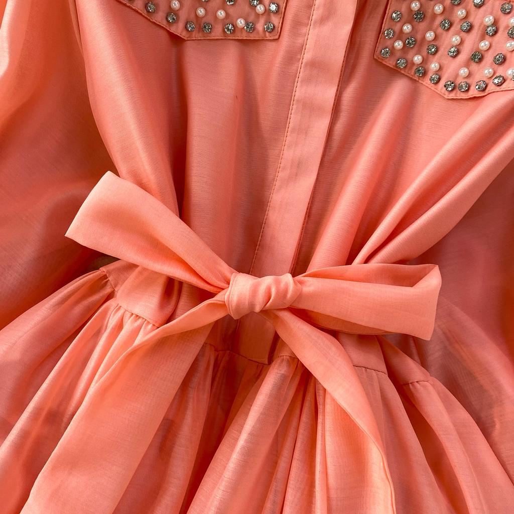 Summer Hollow Out Beaded Loose Chiffon Beach Dress Shirt Women's Puff Sleeve Lace Up Belt Holiday Party Long Robes Maxi Dress