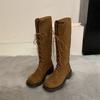 Retro style lace-up stacked high boots for women's new autumn and winter versatile round head thick heel but knee boots for children
