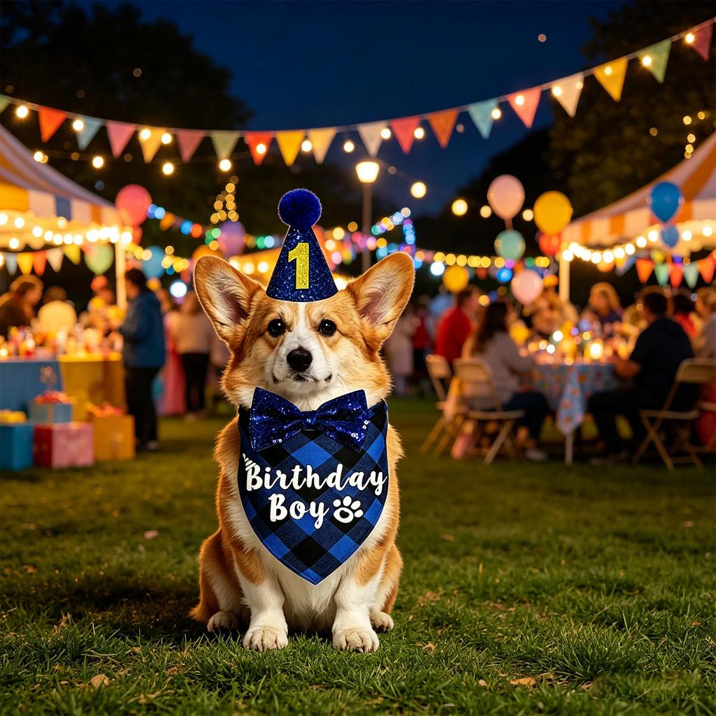 Pet Birthday Party Decoration Set with Banner Crown Bow Tie Bandana and Number Stickers for Dog Cat Celebration Accessories