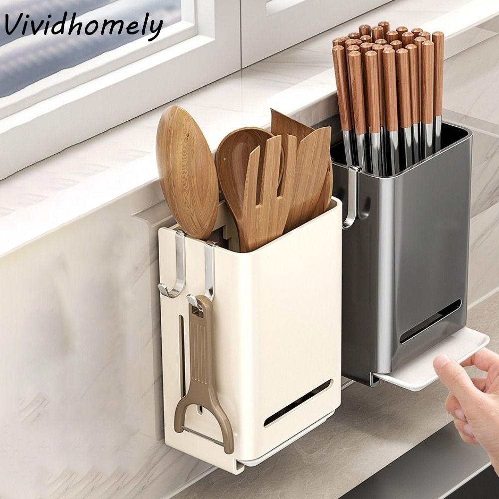 Carbon Steel Chopstick Storage Box Large Capacity Waterproof Utensil Storage Rack with Water Tray Wall Mounted