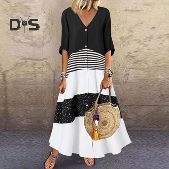 Summer Maxi Dress Contrast Color Maxi Dress Striped Single-breasted A-line Big Swing Short Sleeve Patchwork Dress