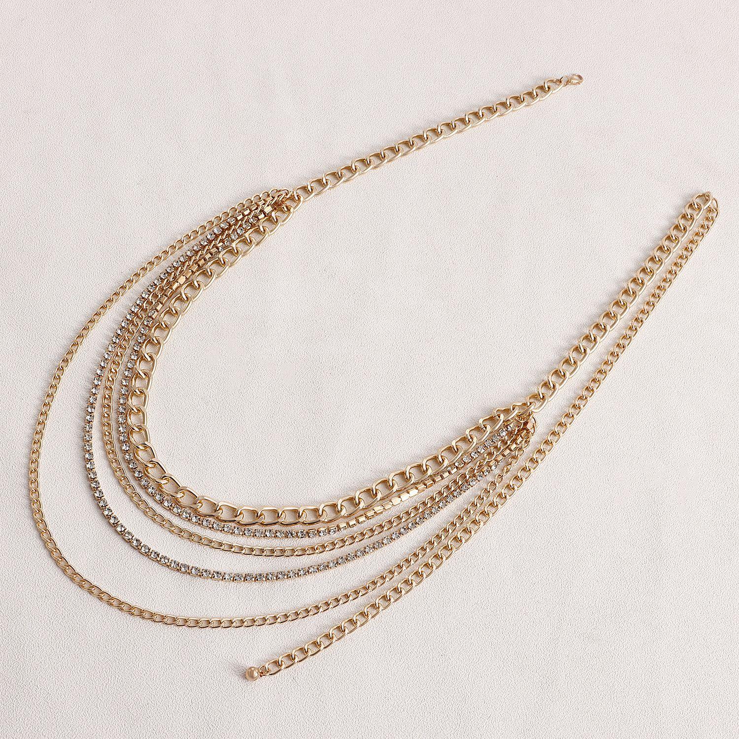 

European and American jewelry, trendy and cool personality versatile geometric waist chain, metal rhinestone multi-layer fringed fashion body chain золотой