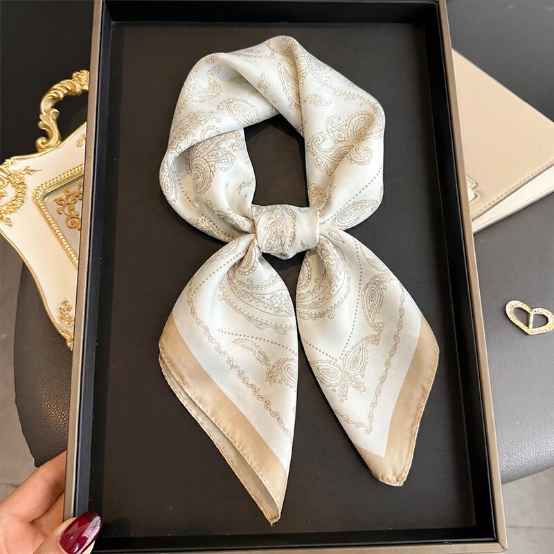 Minimalist Paisley Print Square Scarf Lightweight Bandana Satin Silk Hijab for Women Beach Vacation Outfit Neck Hair Accessory