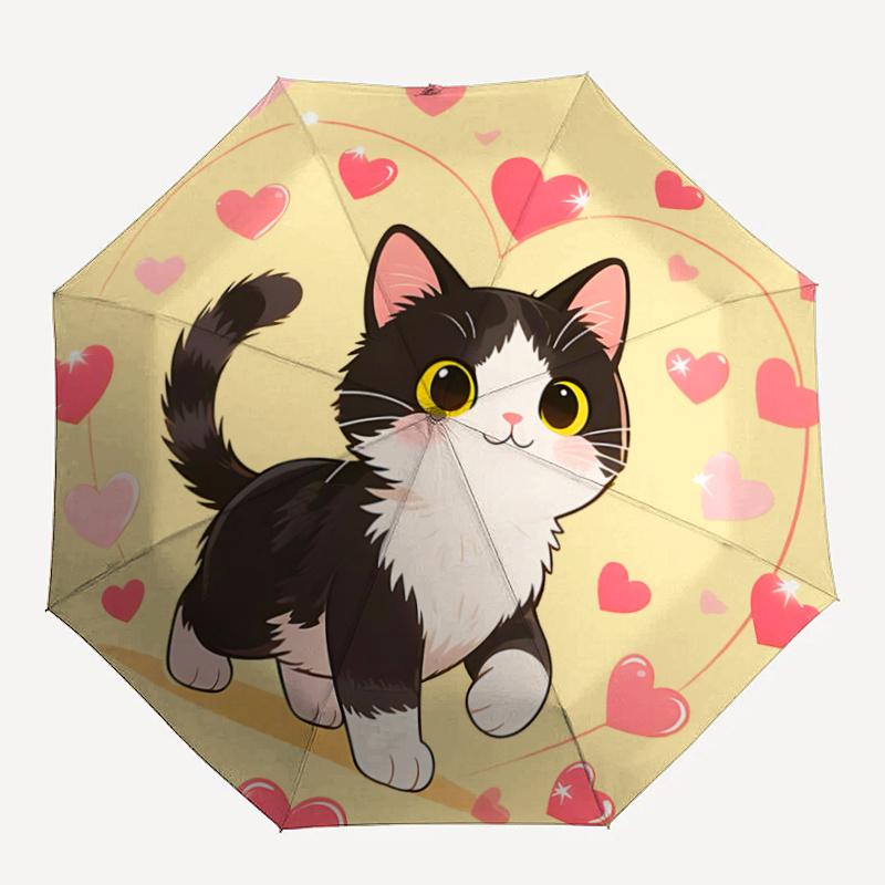1pc Love Cat Design Automatic Umbrella Design, Cute Cartoon Pattern, Portable Outdoor Umbrella, Perfect P063