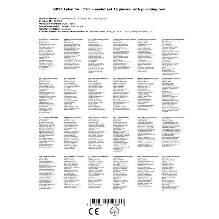 Kit de pose d'œillets 11mm, 15 pièces avec outil de perforation
