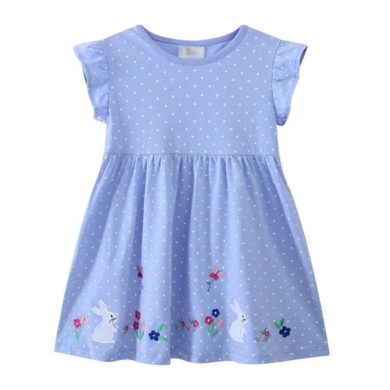 Summer New Style Girls' Cartoon Embroidered Bunny Dress Baby Tank Dress Pure Cotton Knitted Casual Dress Polka Dot Korean Style