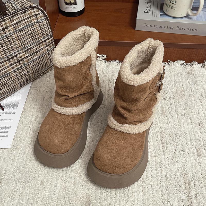 [Fanfna] Snow boots women's 2025 winter new thick-soled piled thickened warm retro lamb wool cotton shoes