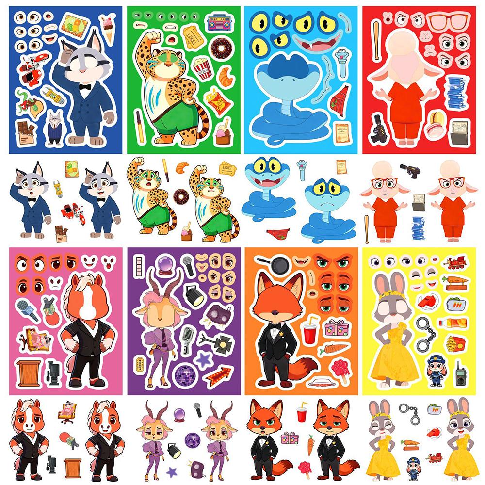 8/16sheets Anime Zootopia 2 Puzzle Stickers Cartoon Make a Face Decals Assemble Jigsaw Education Toy Decoration Sticker