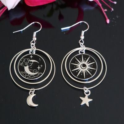 Goth Y2K Black Enamel Moon Sun Star Fringed Multi-layer Circular Celestial Dangle Earrings for Women Halloween Aesthetic Jewelry