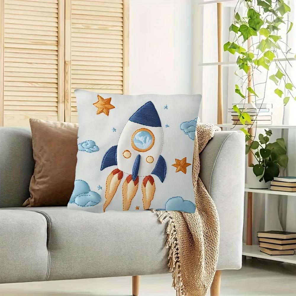 Rocket Throw Pillow Cover, Outer Space Rocket & Stars Faux Embroidery Style Nursery Decorative Pillow Case Peach skin 18*18(CM)-1Pcs