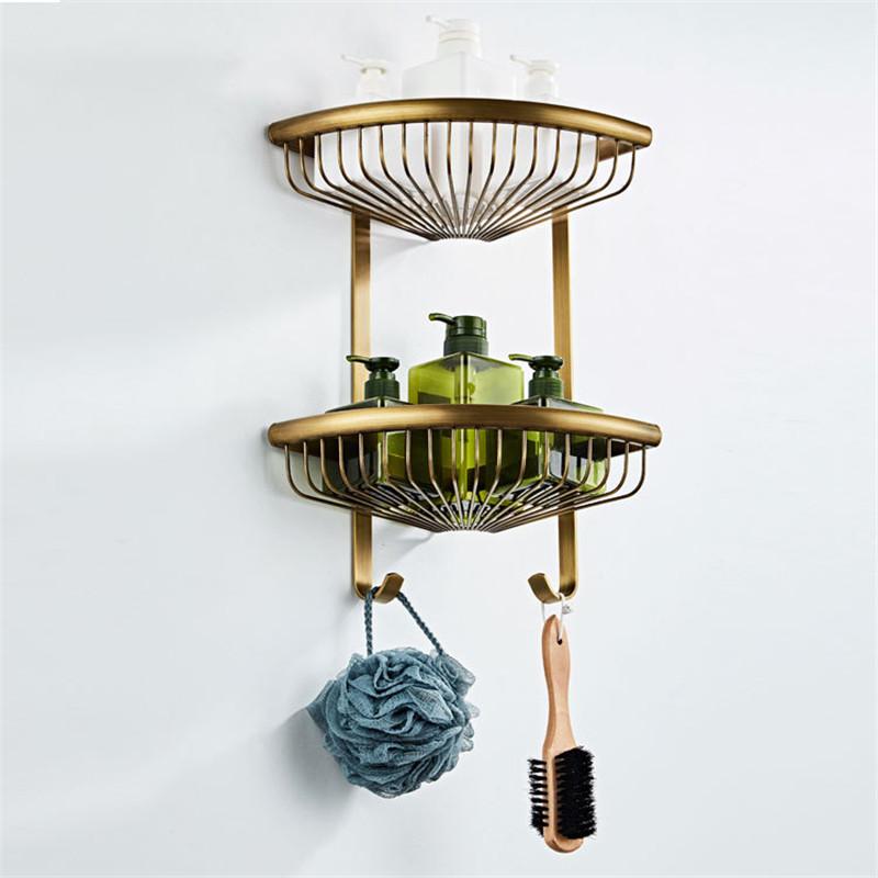 Corner Shelf Bathroom Shelf Shower Rack Dual Tier Bath Shower Shelf Bath Shower Caddy Rack Holder Wall Mounted Antique Gold