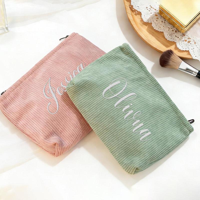 Customized Text Embroidered Corduroy Makeup Bag with Zipper Functional Flat Tool Pouch Custom Washroom Bags Birthday Gift