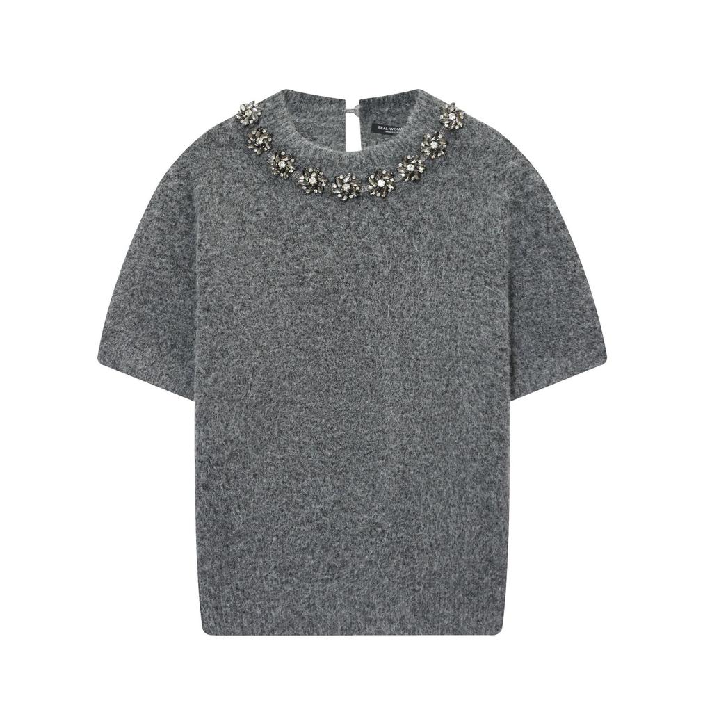 European and American style, new women's clothing, fashionable, versatile, round neck jewelry beaded short-sleeved knitted sweater