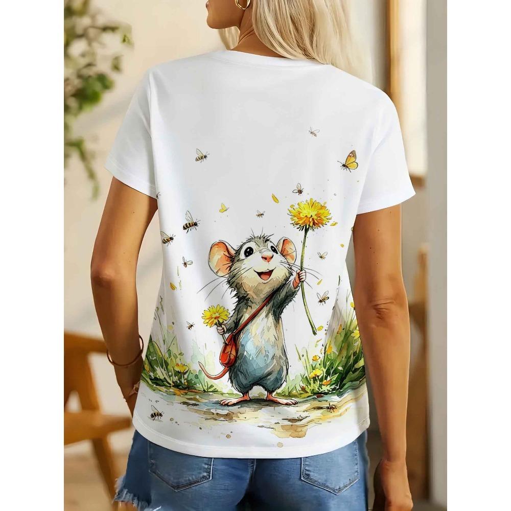 Women's clothing, one-piece round neck short-sleeved printed T-shirt, kind and cute little mouse pattern
