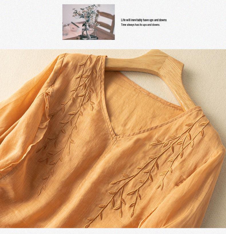 Women's Retro Embroidered Cotton & Linen Top - Loose Fit, Versatile, 2024 Summer Collection