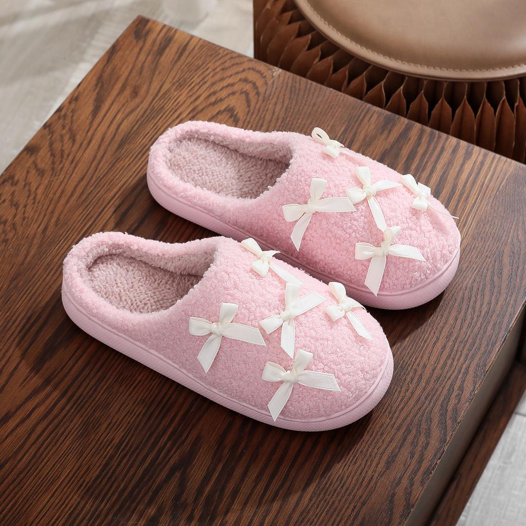 Comemore Autumn and Winter Bowkont Cute Plush Cotton Slippers Women Warm Indoor Shoes Casual Flat Soft Sole Slides Women's Shoes