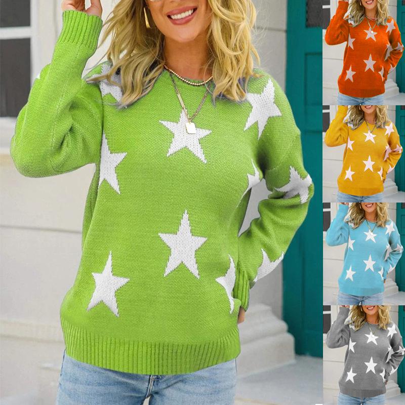Dunhuang Women's Knit Sweater - Star Pattern, Round Neck, Long Sleeve, Casual Loose Fit.
