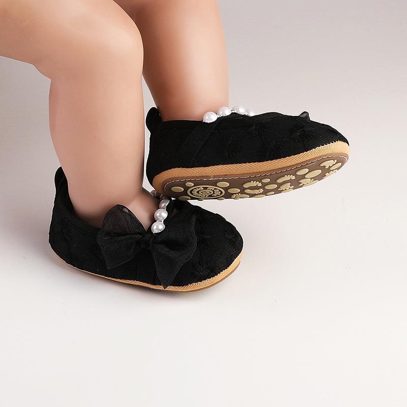 Spring & Autumn Lace Pearl Princess Shoes for Infant Girls (0-1 Year) – Solid Color Walking Shoes