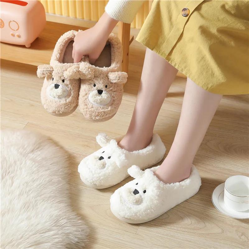 Cartoon Cute Bag Cotton Slippers for Women 2024 Winter Home Anti Slip Little Bear Plush Couple Warm Slippers Platform Zapatos