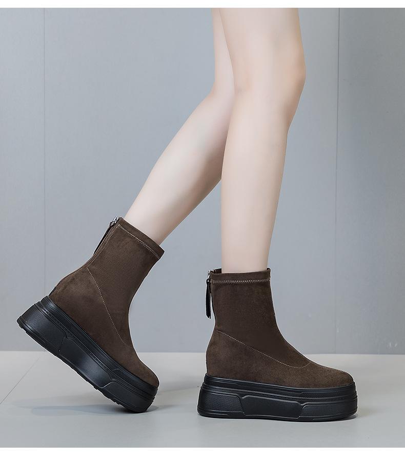 

Elastic thin thick-soled Martin new thick heel zipper short black round head bare medium tube with cotton. 39