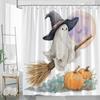 1pc Halloween Bath Curtain Cute Witch Hat and Broom with Pumpkins Watercolor Design Fashion Home Bathroom Decor Polyester Fabric