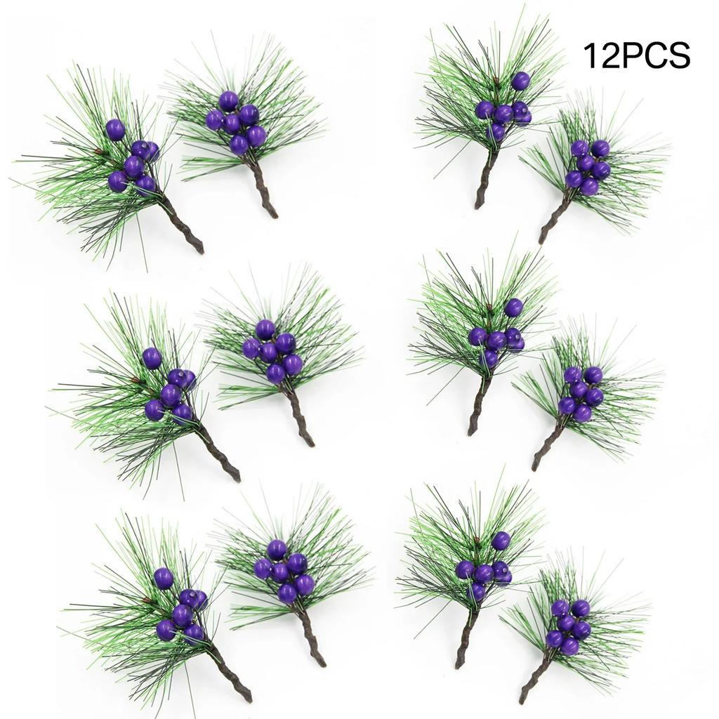 12 pièces Fait Main DIY Mini Branches de Pin Aiguilles Baies Rouges Accessoires Couronne de Noël Boîte Cadeau Plantes Artificielles Arrangement Floral
