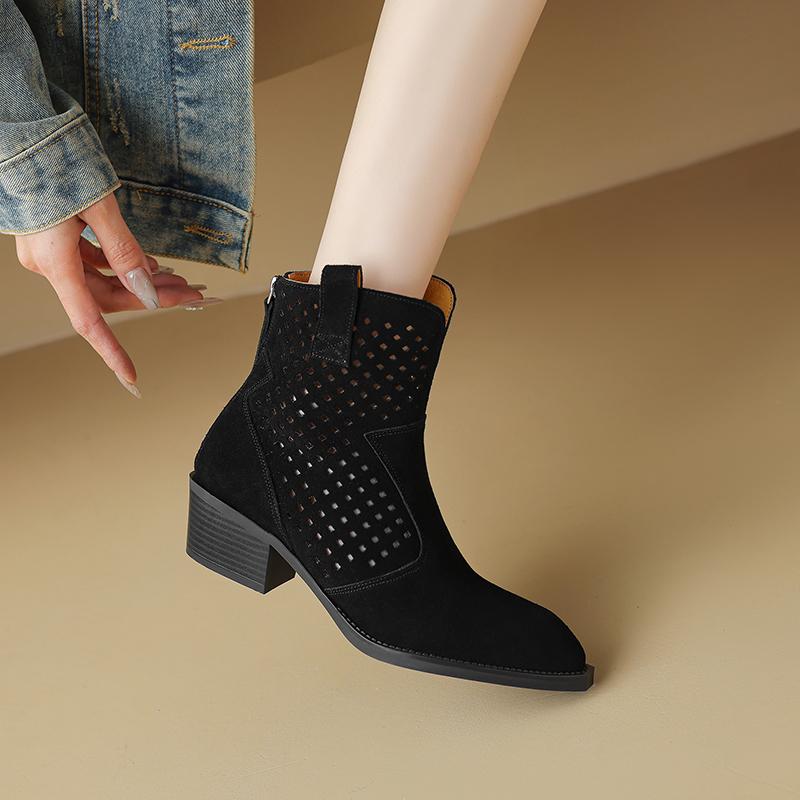 Fashion 2025 Spring Autumn Chelsea Boots for Woman Cow Suede Pointy Toe Wedge Heel Ankle Boots Cutouts Comfortable Cowboy Boots Female