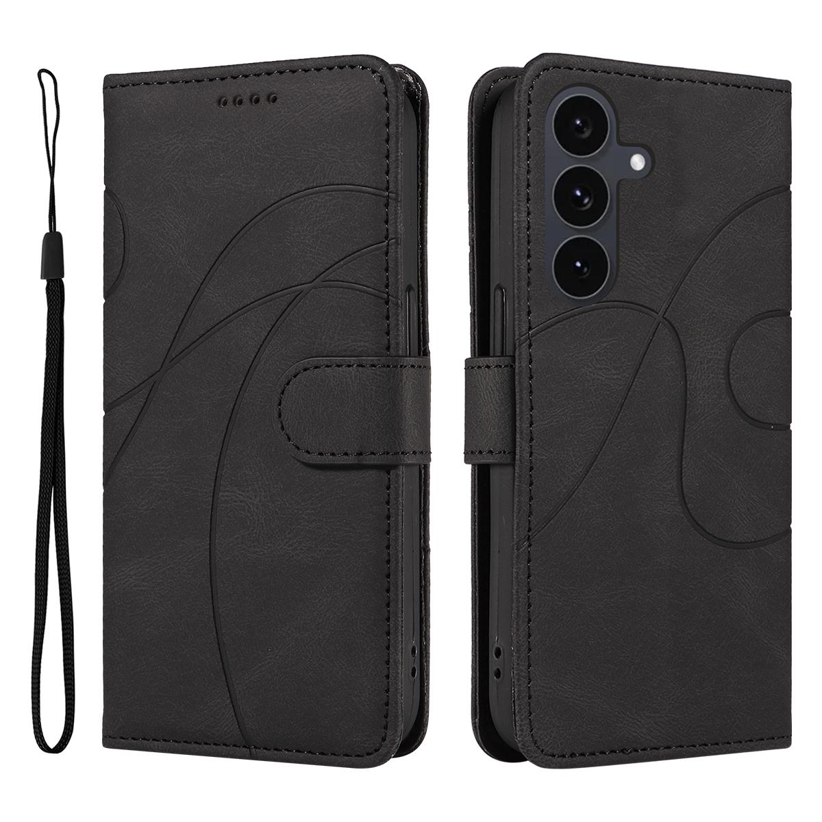 

For Samsung Galaxy S25 FE Wallet Case Leather Phone Cover Stand with Curved Line Design Black
