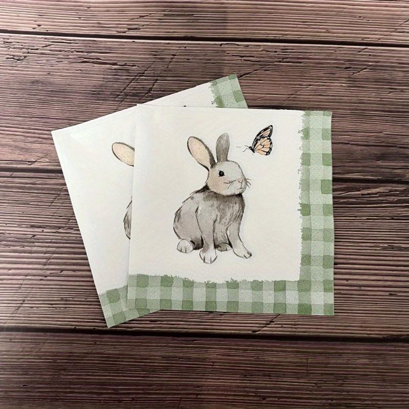20pcs Easter Bunny Printed Party Napkins - Green Plaid with Butterfly & Rabbit Design, Handmade Bone Bart Paper Placemats