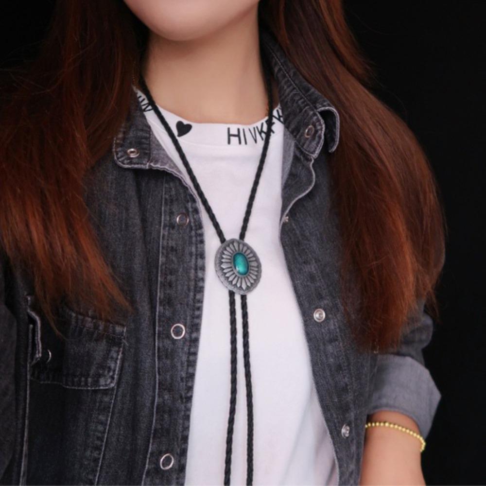 PU Woven Rope Indian Western Cowboys Bolo Tie Ethnic Style Brass Carved Flowers Necktie  Gift