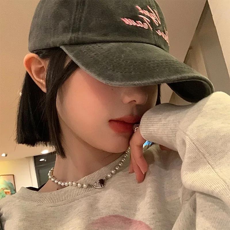 Retro Washed Cotton Baseball Caps for Women Embroidery Letter Hip Hop Sun Hats Solid Color Outdoor Girl Sunshade Duck Tongue Cap