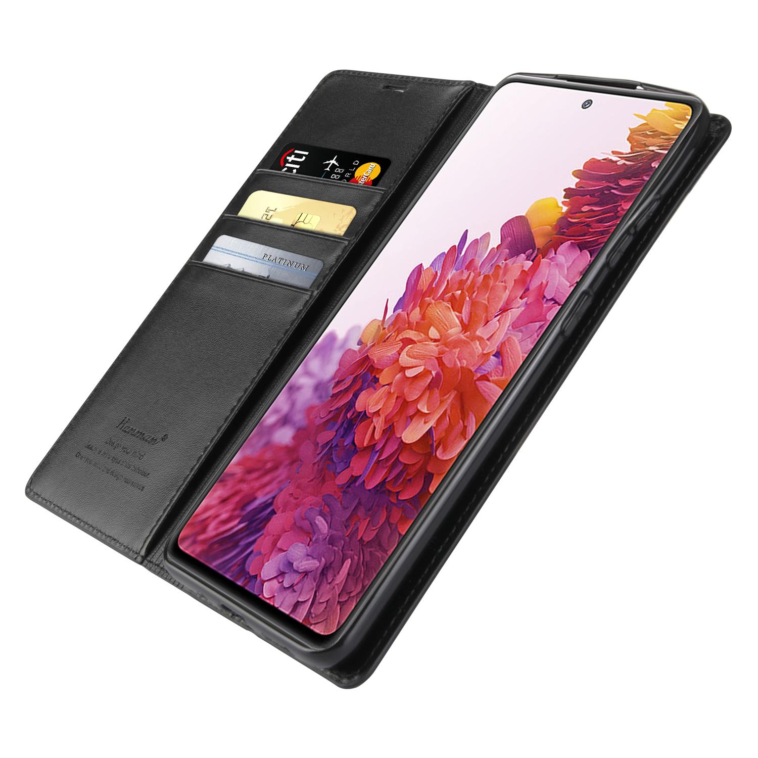 

HANMAN Minuo Series Stand Cover for Samsung Galaxy S20 4G/5G PU Leather Phone Wallet Case Black