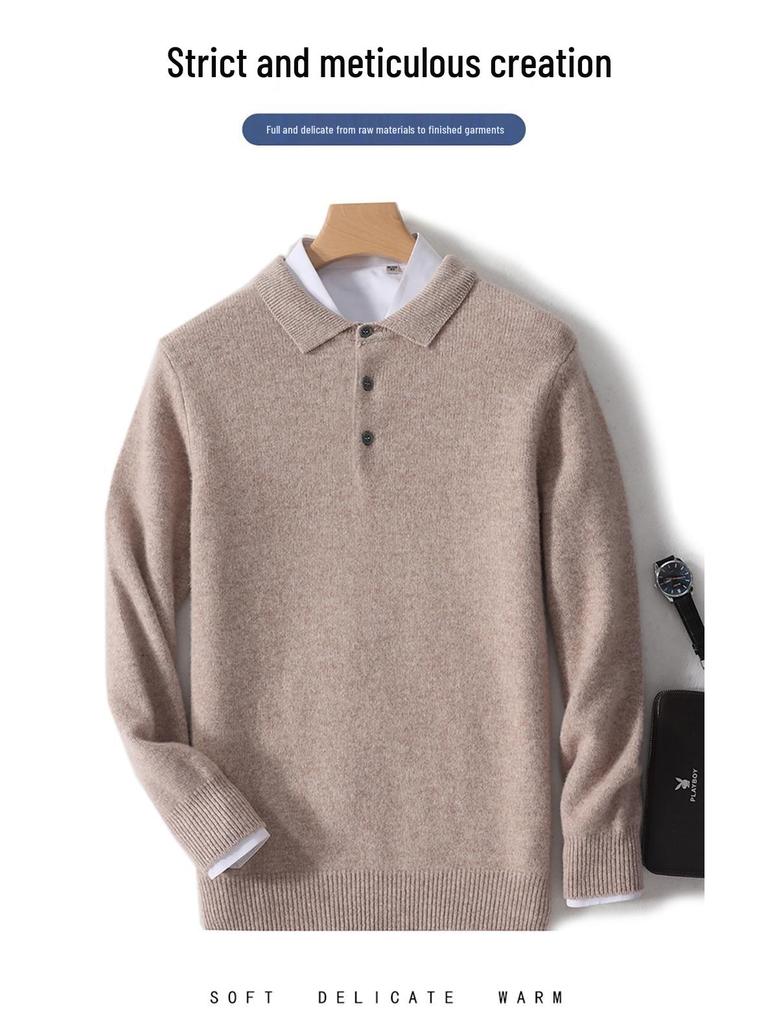 Men's 100% Pure Wool Polo Neck Sweater - Business Casual Autumn/Winter Knitwear